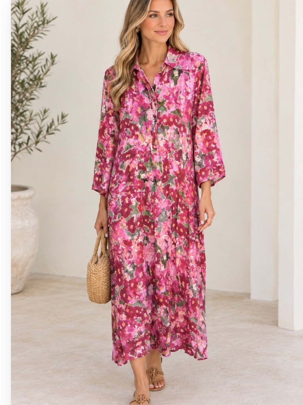 Hermoza Pink Floral Maxi Shirt Dress NWT Collared Button Front Size Large